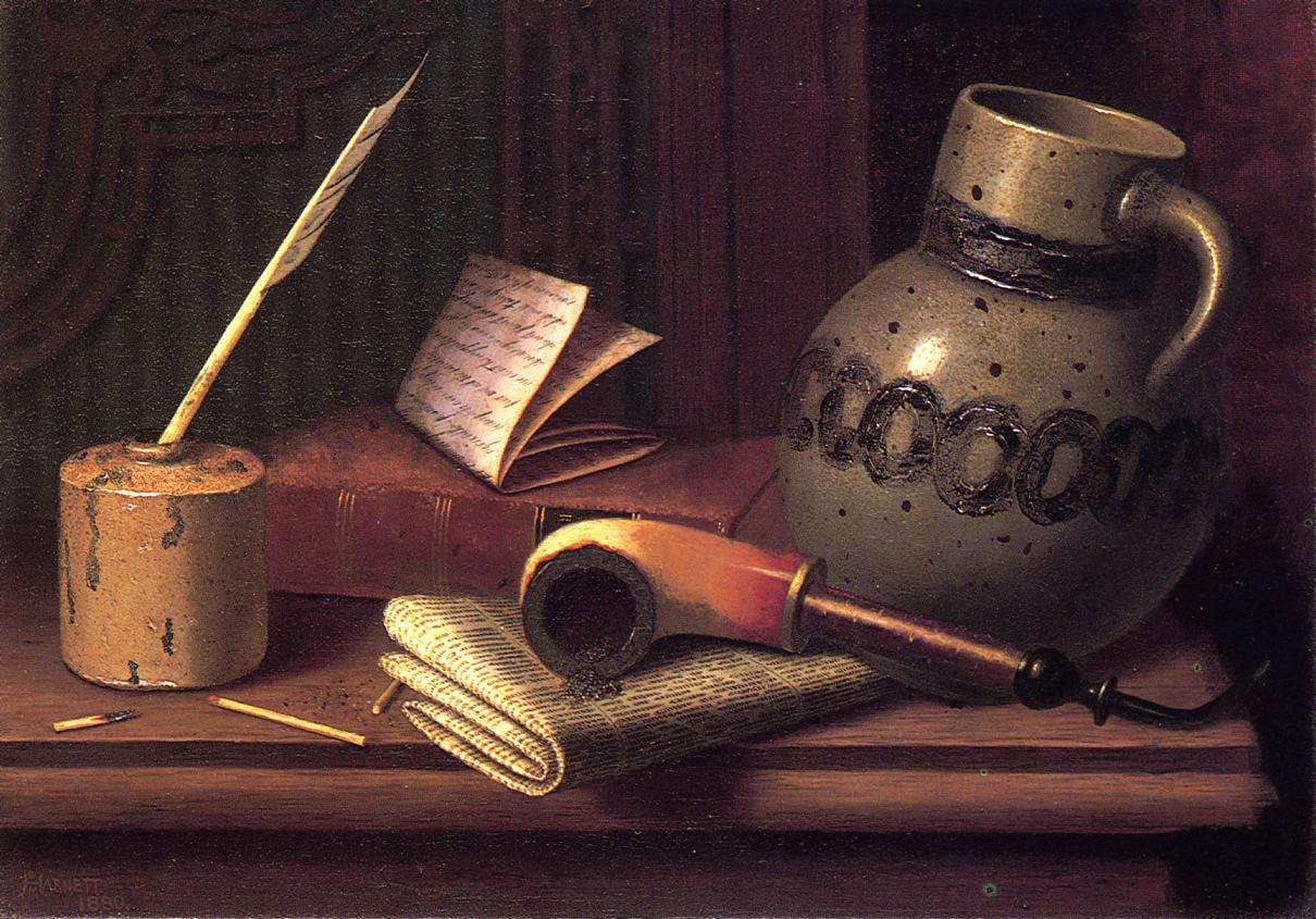 Уильям Майкл Харнетт. Натюрморт с чернильницей, книгой и трубкой. 1880